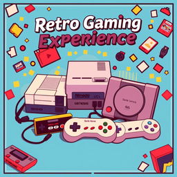 A retro style poster featuring three vintage video game consoles displayed prominently, including a classic NES, Sega Genesis, and an original PlayStation