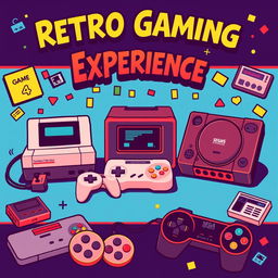 A retro style poster featuring three vintage video game consoles displayed prominently, including a classic NES, Sega Genesis, and an original PlayStation