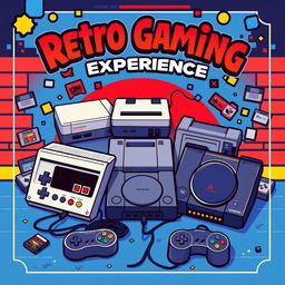 A retro style poster featuring three vintage video game consoles displayed prominently, including a classic NES, Sega Genesis, and an original PlayStation