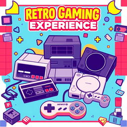 A retro style poster featuring three vintage video game consoles displayed prominently, including a classic NES, Sega Genesis, and an original PlayStation