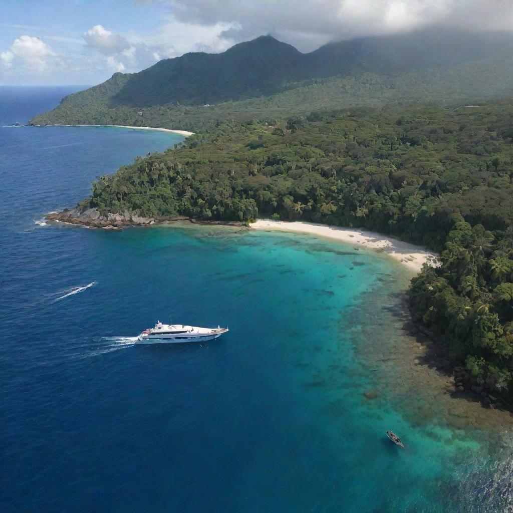 The lush tropical island with dinosaurs, now viewed from afar, where a luxury yacht owned by a wealthy individual is approaching, anchoring near the coastline.