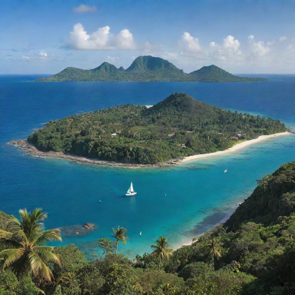 The lush tropical island with dinosaurs, now viewed from afar, where a luxury yacht owned by a wealthy individual is approaching, anchoring near the coastline.