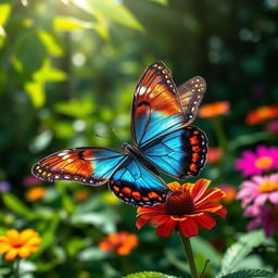 A stunningly realistic butterfly perched delicately on a vibrant wildflower in a lush, green natural setting