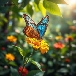 A stunningly realistic butterfly perched delicately on a vibrant wildflower in a lush, green natural setting