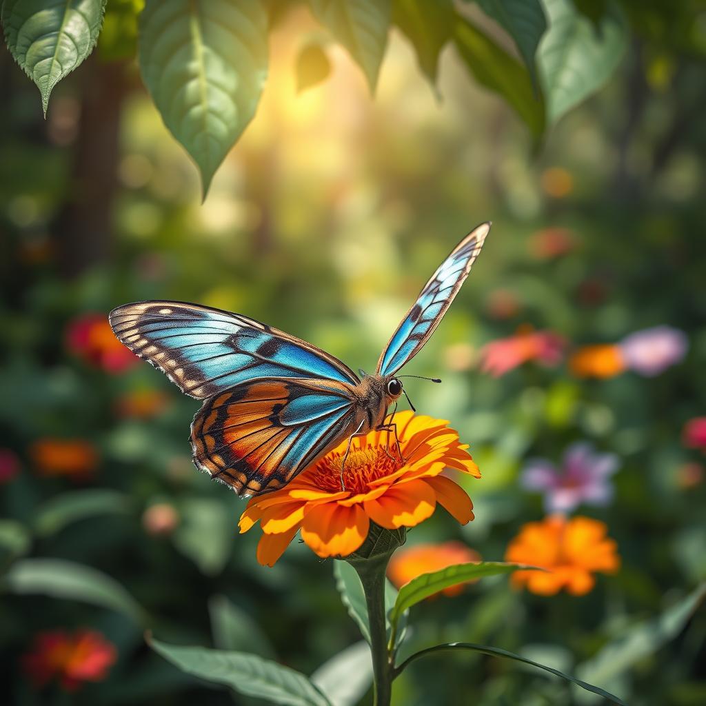 A stunningly realistic butterfly perched delicately on a vibrant wildflower in a lush, green natural setting