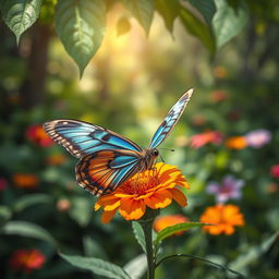 A stunningly realistic butterfly perched delicately on a vibrant wildflower in a lush, green natural setting