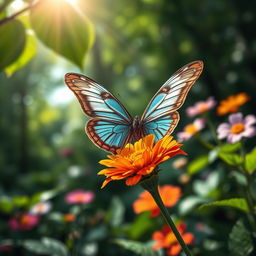 A stunningly realistic butterfly perched delicately on a vibrant wildflower in a lush, green natural setting