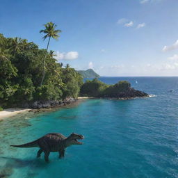 The lush tropical island with dinosaurs, now viewed from afar, where a luxury yacht owned by a wealthy individual is approaching, anchoring near the coastline.