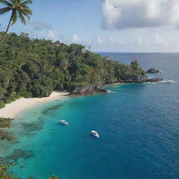 The lush tropical island with dinosaurs, now viewed from afar, where a luxury yacht owned by a wealthy individual is approaching, anchoring near the coastline.