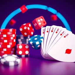 A minimalist, flat colored closeup of a futuristic casino, featuring a mesmerizing, high-contrast arrangement of betting chips, dice, and poker cards