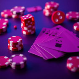 A minimalist, flat colored closeup of a futuristic casino, featuring a mesmerizing, high-contrast arrangement of betting chips, dice, and poker cards