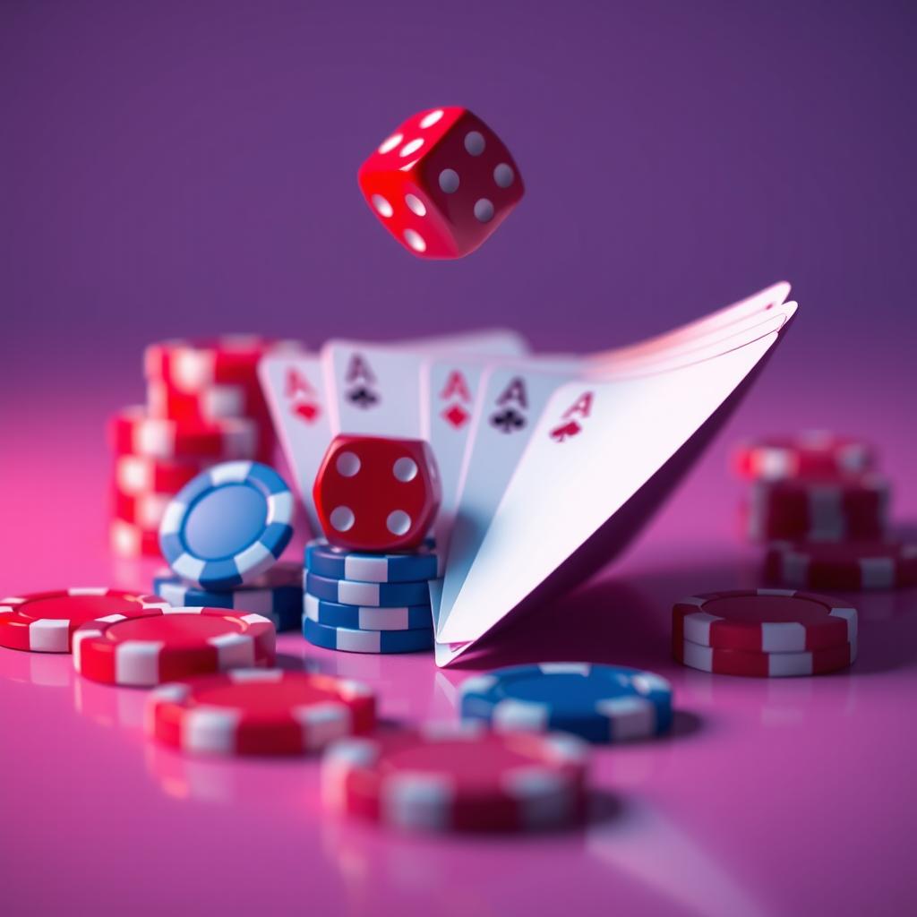 A minimalist, flat colored closeup of a futuristic casino, featuring a mesmerizing, high-contrast arrangement of betting chips, dice, and poker cards