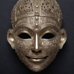 Front view of an intricate, unsymmetrical half-face mask covering the cheek and brow, designed in an Indian mythical style.