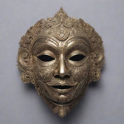 Front view of an intricate, unsymmetrical half-face mask covering the cheek and brow, designed in an Indian mythical style.