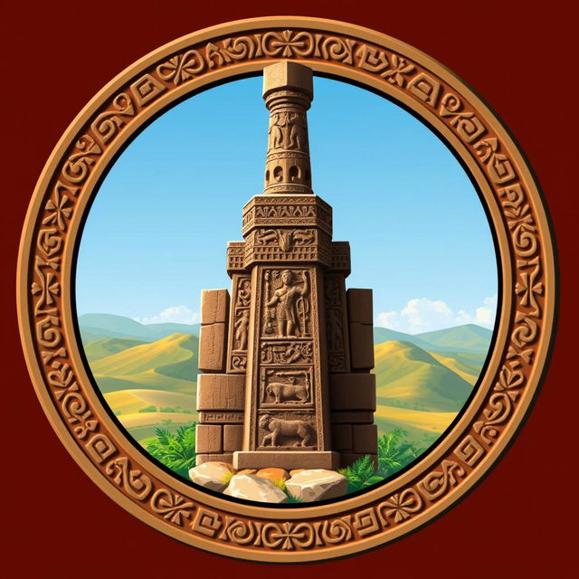 An emblem representing a medieval African civilization or kingdom, featuring a magnificent carved stone pillar or monolith as the central focus