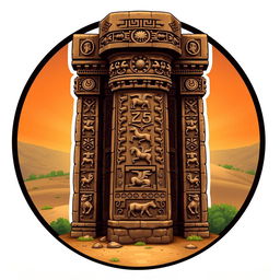 An emblem representing a medieval African civilization or kingdom, featuring a magnificent carved stone pillar or monolith as the central focus