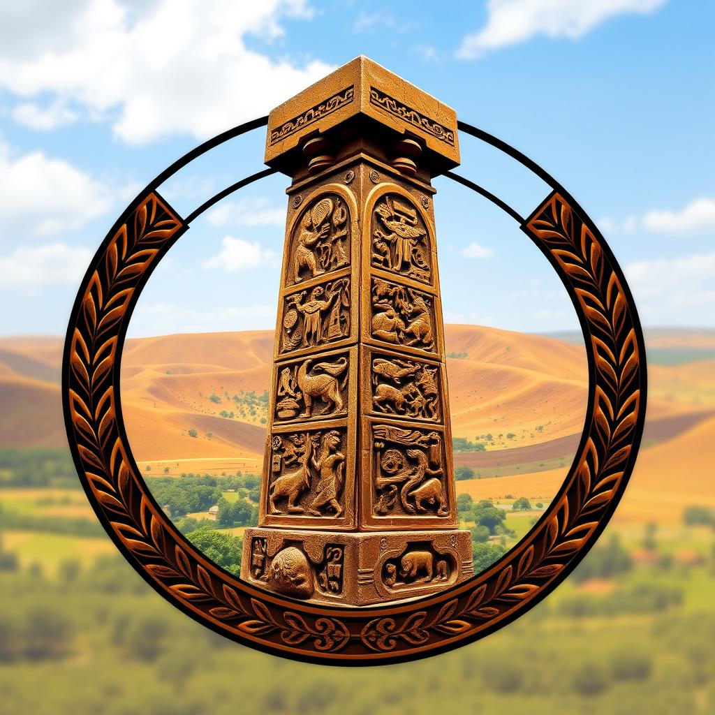 An emblem representing a medieval African civilization or kingdom, featuring a magnificent carved stone pillar or monolith as the central focus