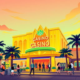 A vibrant and stylized illustration of a casino, featuring flat colors and an aesthetic design