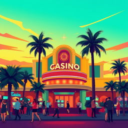 A vibrant and stylized illustration of a casino, featuring flat colors and an aesthetic design