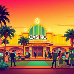 A vibrant and stylized illustration of a casino, featuring flat colors and an aesthetic design