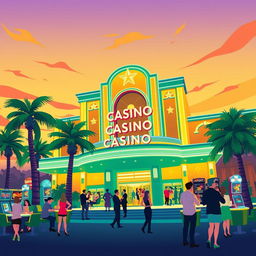 A vibrant and stylized illustration of a casino, featuring flat colors and an aesthetic design