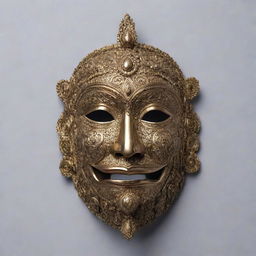 Front view of an intricate, unsymmetrical half-face mask covering the cheek and brow, designed in an Indian mythical style.