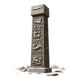 An emblem representing a medieval African civilization or kingdom, featuring a striking carved stone pillar or monolith as the central element