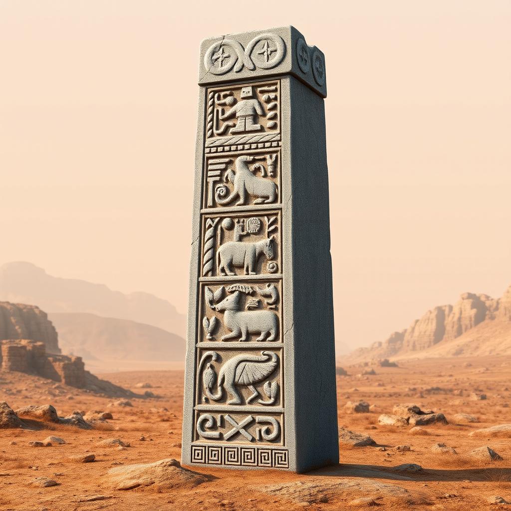 An emblem representing a medieval African civilization or kingdom, featuring a striking carved stone pillar or monolith as the central element