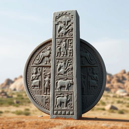 An emblem representing a medieval African civilization or kingdom, featuring a striking carved stone pillar or monolith as the central element