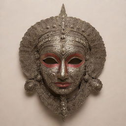 Front view of an intricate, unsymmetrical half-face mask covering the cheek and brow, designed in an Indian mythical style.