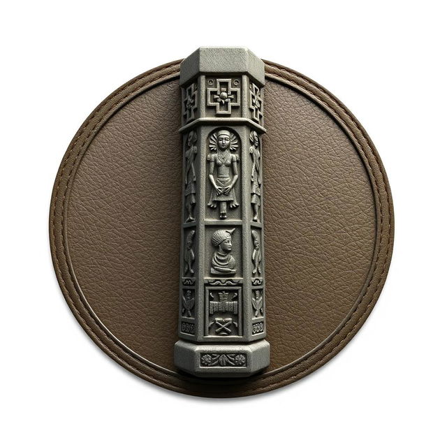 An emblem depicting a medieval African civilization or kingdom, showcasing a beautifully carved stone pillar or monolith as the focal point