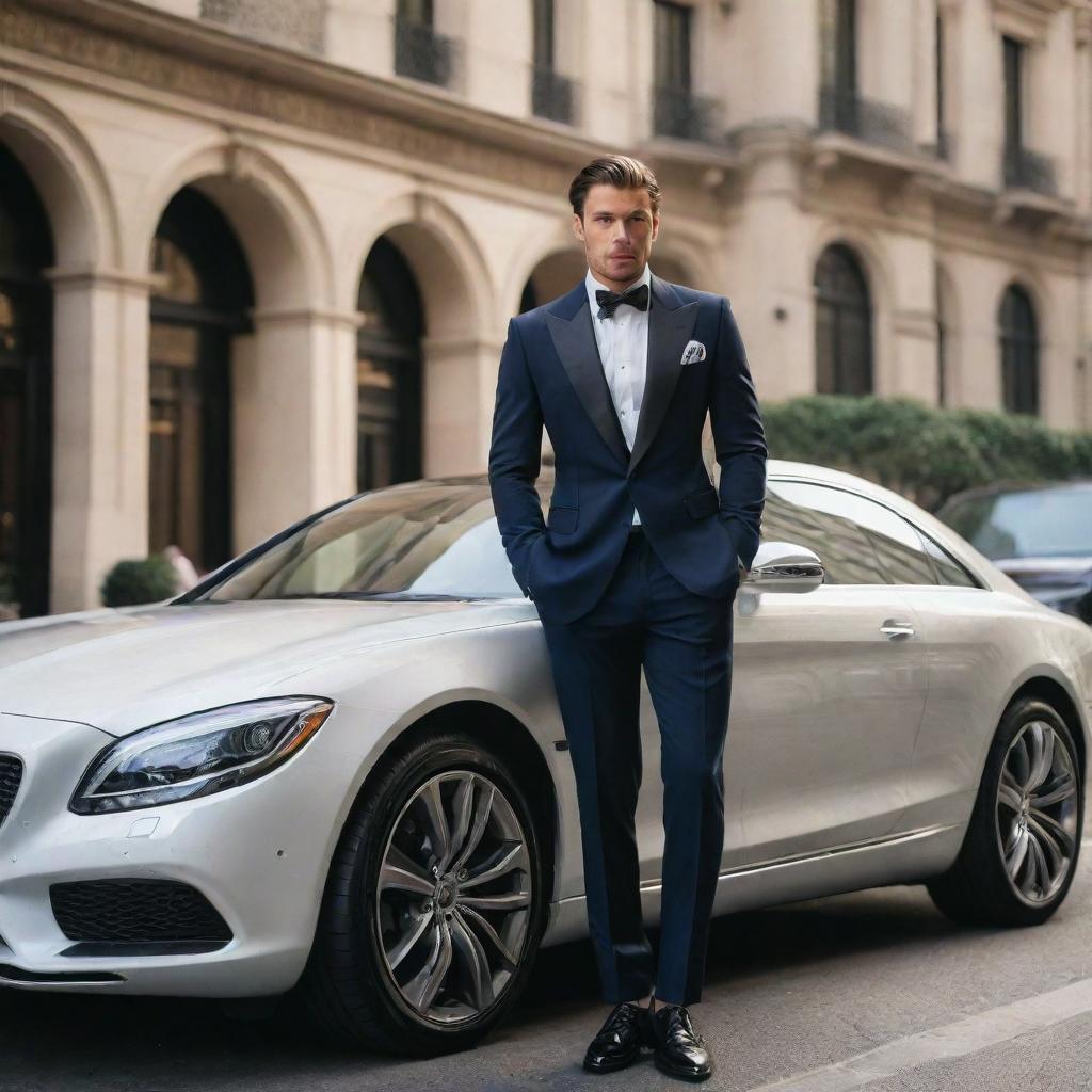 A suave wealthy individual stepping out of a gleaming luxury car, adorned in expensive, tailored clothing, with a backdrop of opulent city architecture.