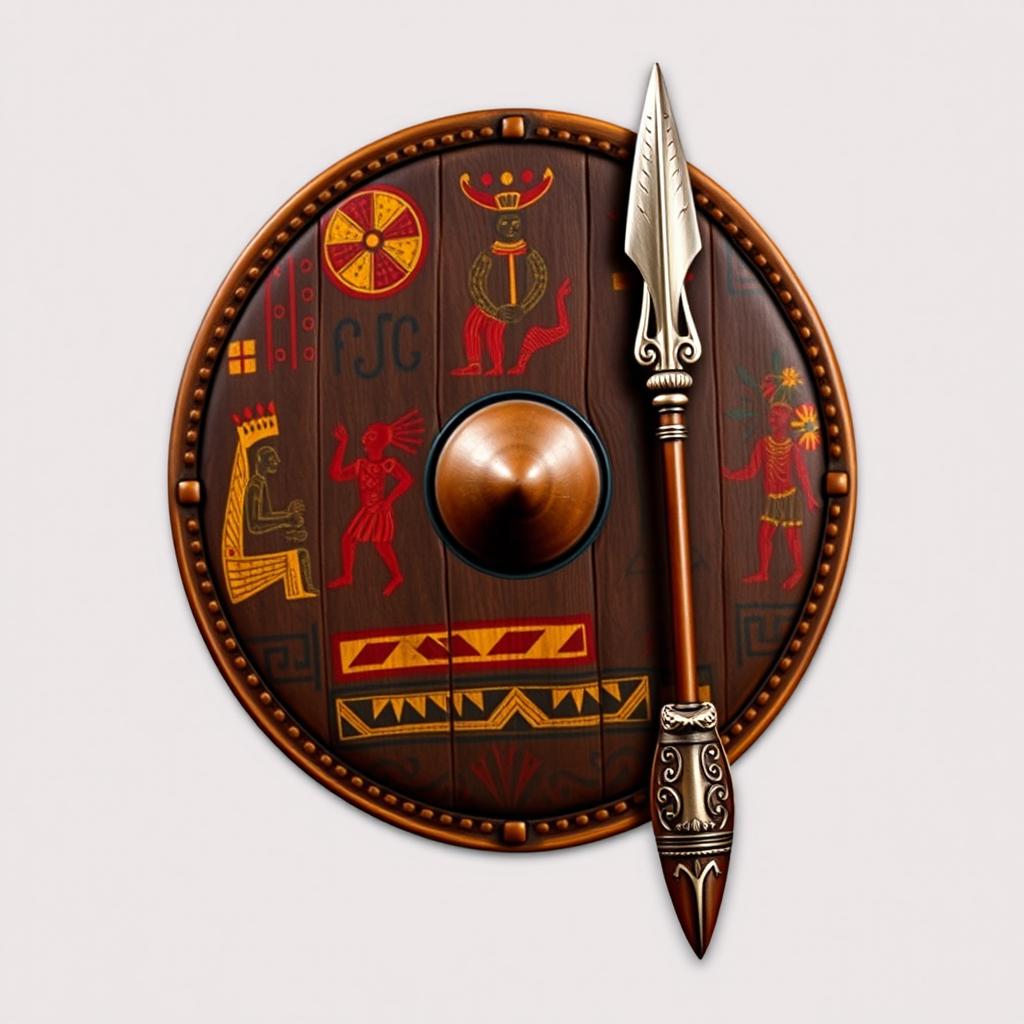 An emblem showcasing a medieval African civilization or kingdom, featuring a traditional African leather shield prominently displayed