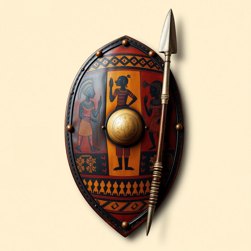 An emblem showcasing a medieval African civilization or kingdom, featuring a traditional African leather shield prominently displayed