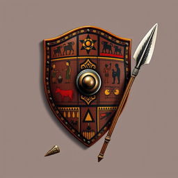 An emblem showcasing a medieval African civilization or kingdom, featuring a traditional African leather shield prominently displayed