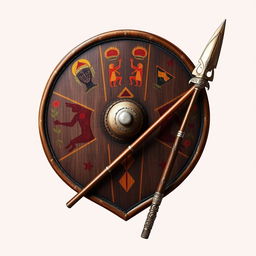 An emblem showcasing a medieval African civilization or kingdom, featuring a traditional African leather shield prominently displayed