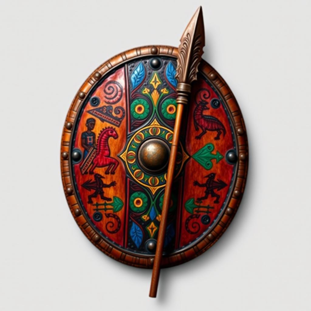 An emblem representing a medieval African civilization or kingdom, featuring an ornate African leather shield as the centerpiece, richly adorned with vibrant and intricate paintings