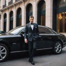 A suave wealthy individual stepping out of a gleaming luxury car, adorned in expensive, tailored clothing, with a backdrop of opulent city architecture.