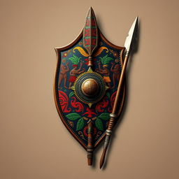 An emblem representing a medieval African civilization or kingdom, featuring an ornate African leather shield as the centerpiece, richly adorned with vibrant and intricate paintings