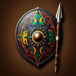 An emblem representing a medieval African civilization or kingdom, featuring an ornate African leather shield as the centerpiece, richly adorned with vibrant and intricate paintings