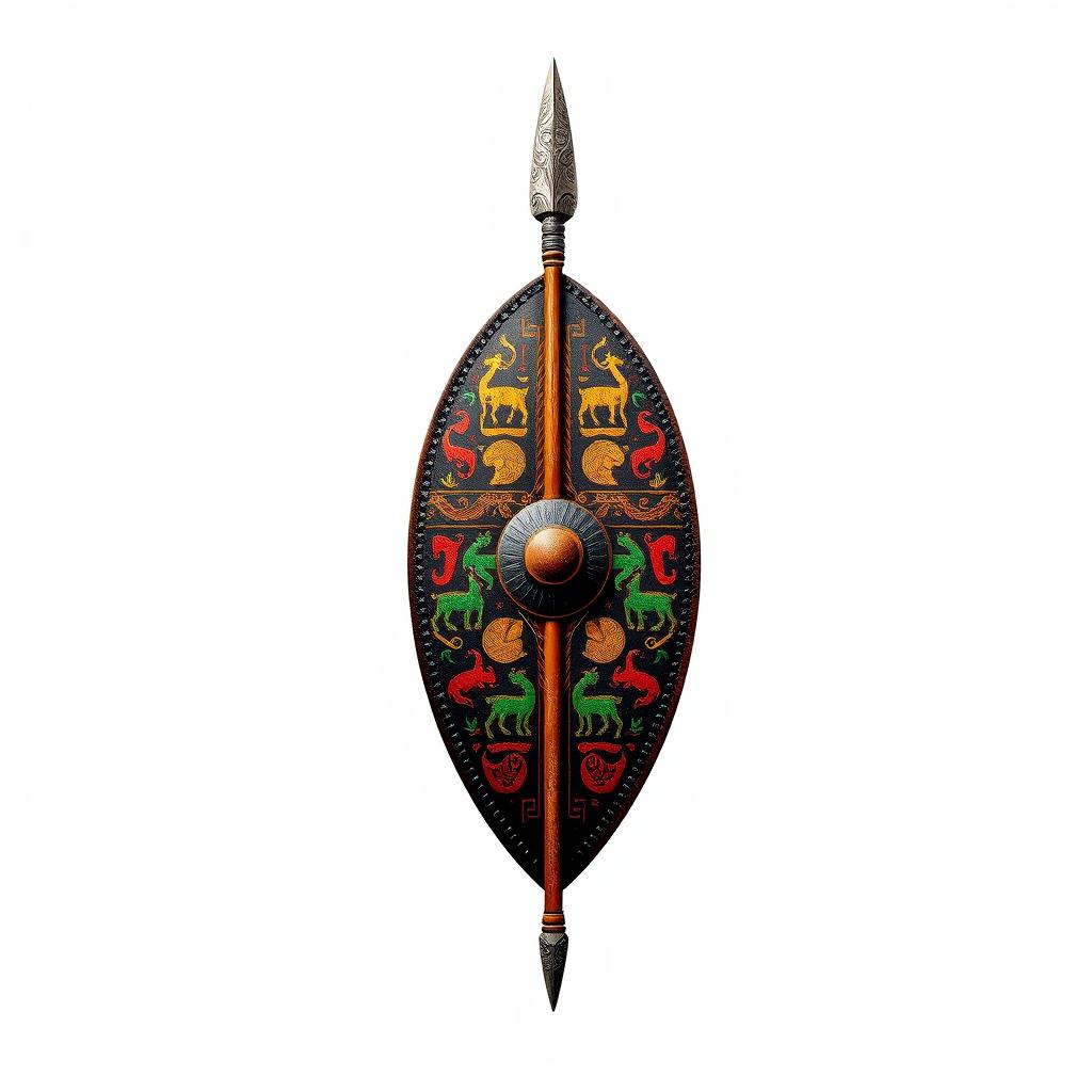 An emblem representing a medieval African civilization or kingdom, featuring an elongated African leather shield prominently displayed at the center