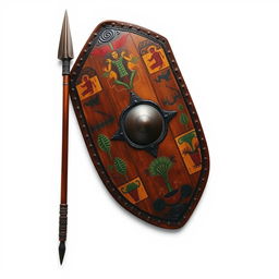 An emblem representing a medieval African civilization or kingdom, featuring an elongated African leather shield prominently displayed at the center