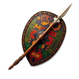 An emblem representing a medieval African civilization or kingdom, featuring an elongated African leather shield prominently displayed at the center