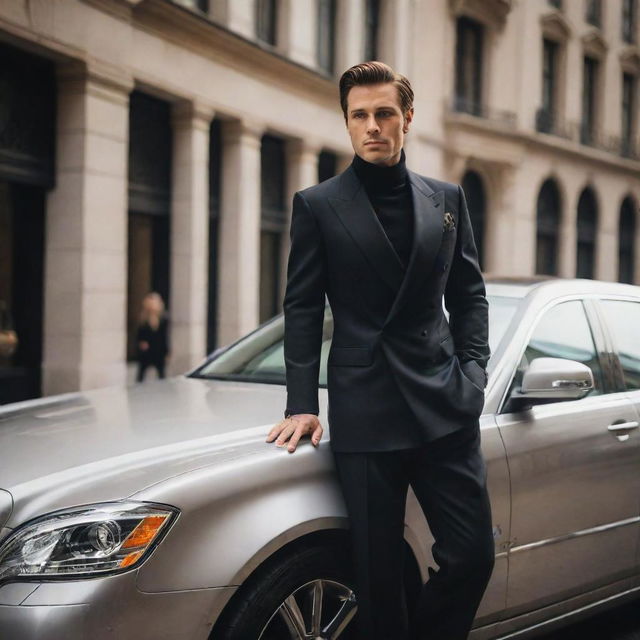 A suave wealthy individual stepping out of a gleaming luxury car, adorned in expensive, tailored clothing, with a backdrop of opulent city architecture.