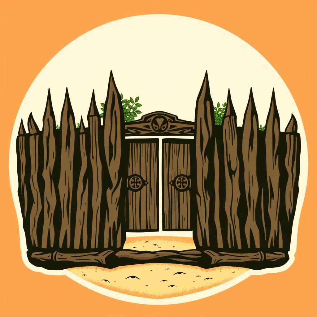 An emblem representing a medieval African civilization or kingdom, featuring a sturdy wooden palisade as the central focus