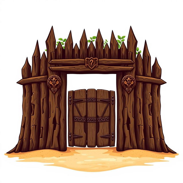 An emblem representing a medieval African civilization or kingdom, featuring a sturdy wooden palisade as the central focus