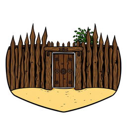 An emblem representing a medieval African civilization or kingdom, featuring a sturdy wooden palisade as the central focus