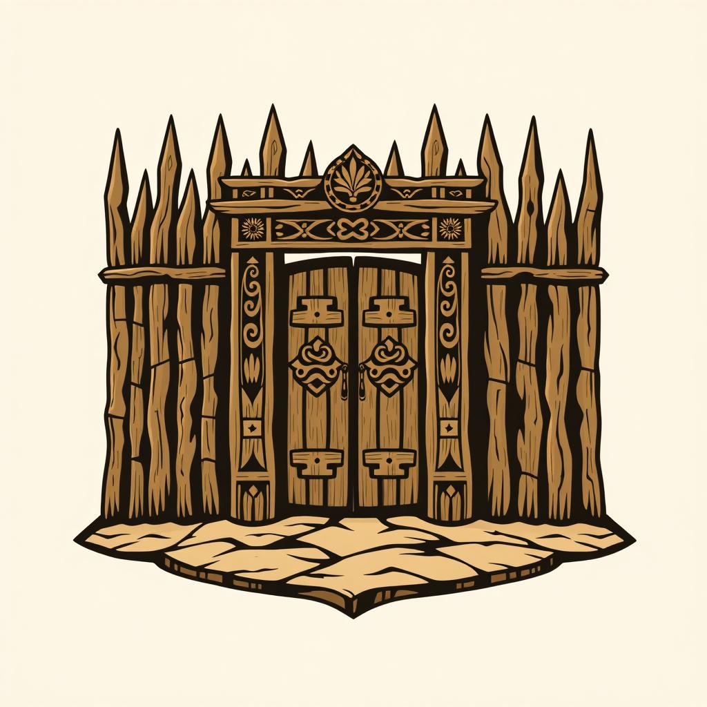 An emblem depicting a medieval African civilization or kingdom, featuring a strong wooden palisade as the central element