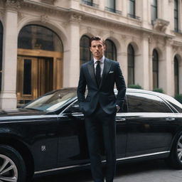 A suave wealthy individual stepping out of a gleaming luxury car, adorned in expensive, tailored clothing, with a backdrop of opulent city architecture.