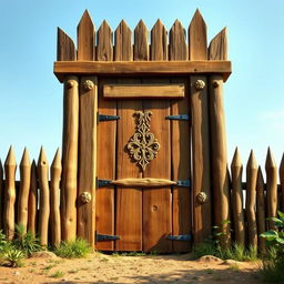 An emblem showcasing a medieval African civilization or kingdom, featuring a semirealistic wooden palisade that serves as a fortified enclosure